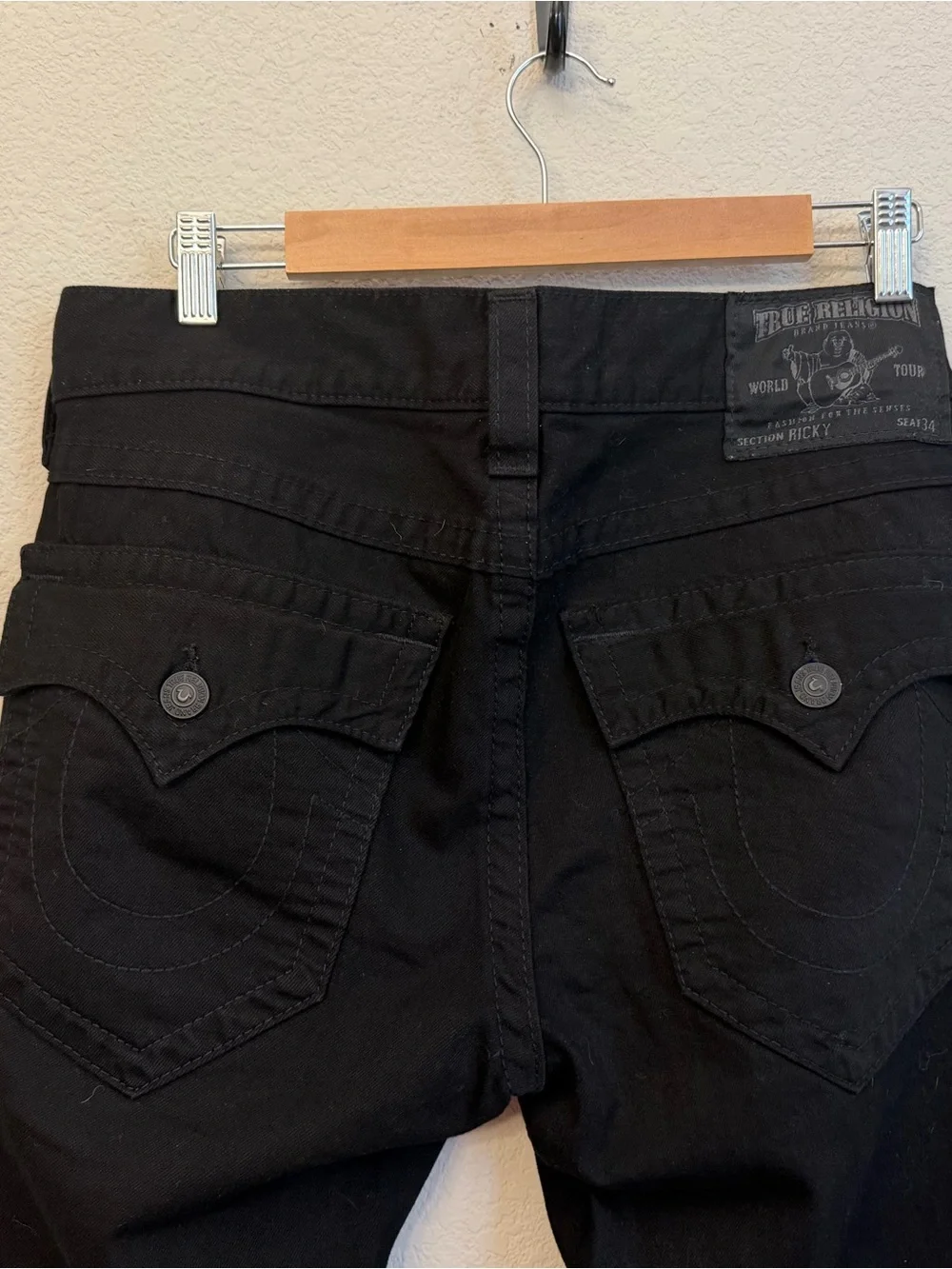 True Religion Men's Ricky Black Straight Jeans flap pockets Sz 33x29 **READ**